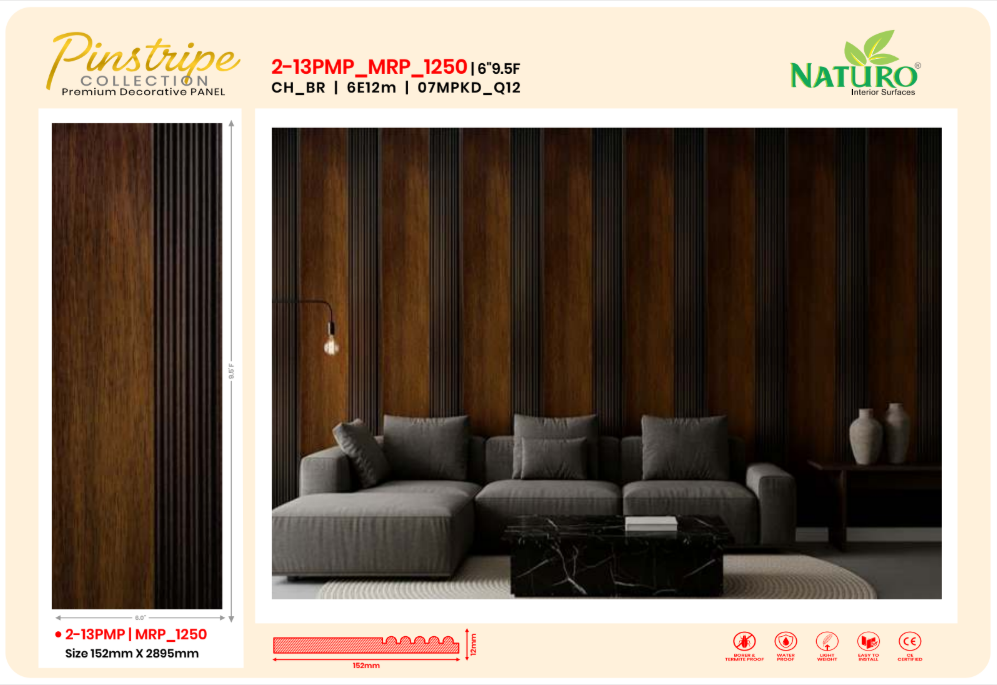 Naturo Surfaces 6 Inch E charcoal wall panel for interior room and home applications in brown with 12mm thickness (2-13PMP)