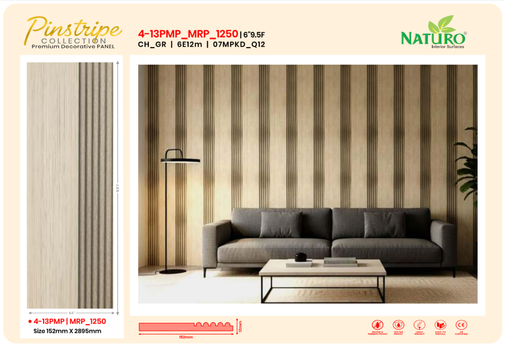 Naturo Surfaces 6 Inch E charcoal wall panel for interior room and home applications in grey with 12mm thickness (4-13PMP)