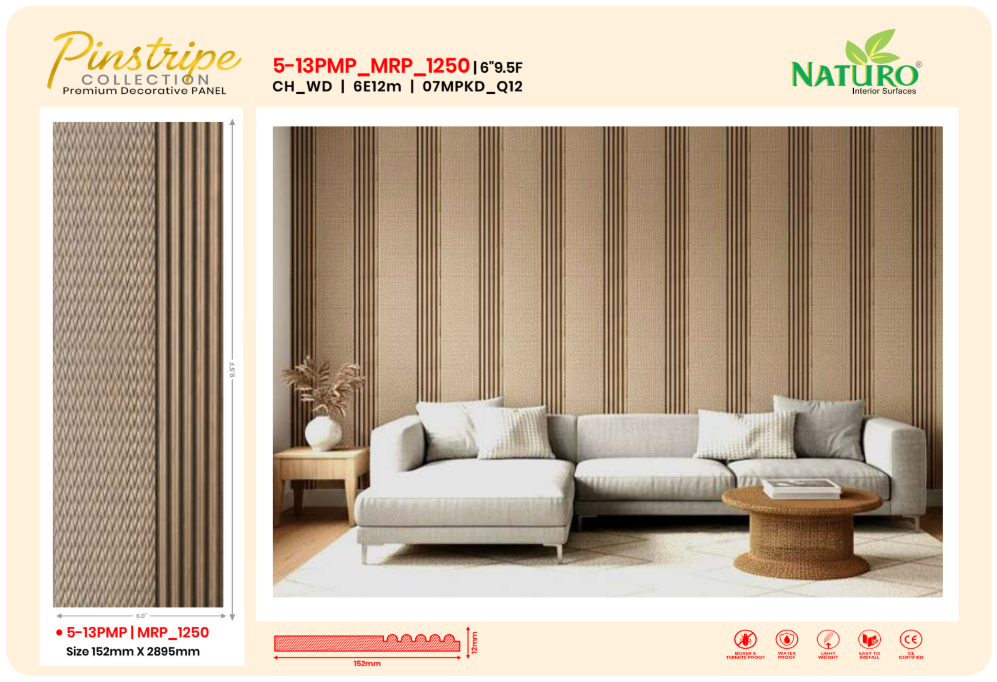 Naturo Surfaces 6 Inch E charcoal wall panel for interior room and home applications in wood with 12mm thickness (5-13PMP)
