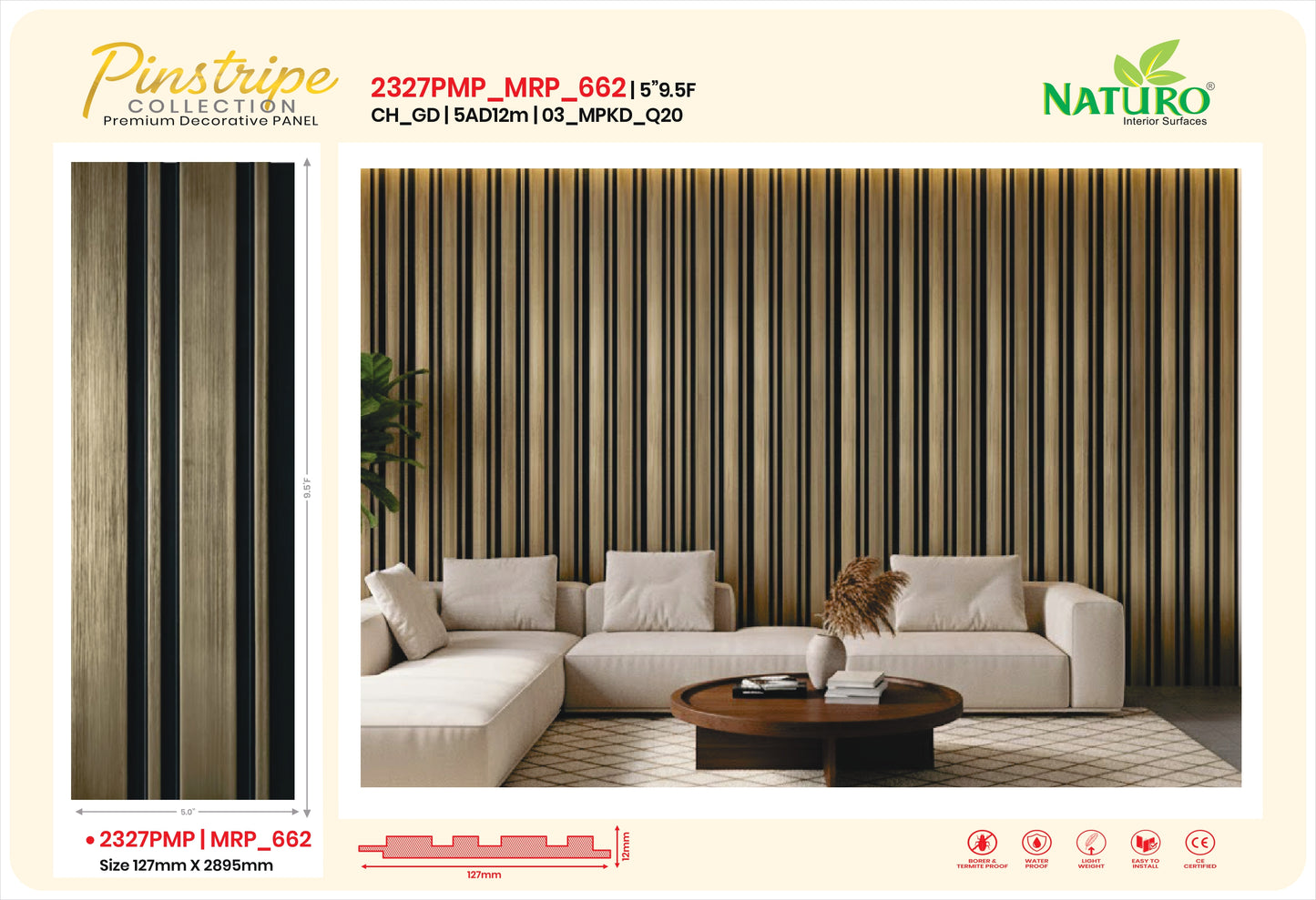 Naturo Surfaces 5AD Charcoal Wall Panel in Gold of 12mm thickness (2327PMP)