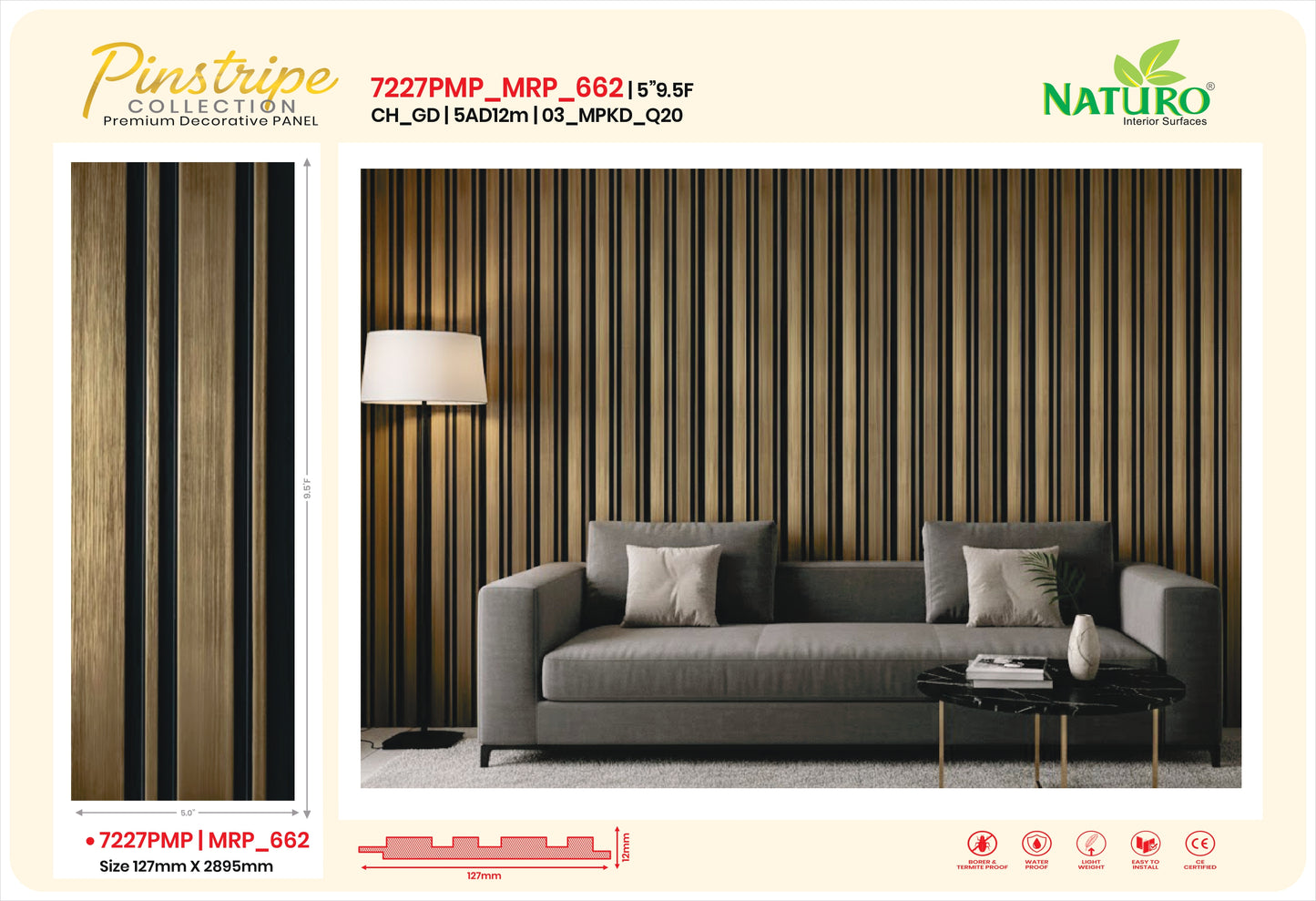 Naturo Surfaces 5AD Charcoal Wall Panel in Gold of 12mm thickness (7227PMP)